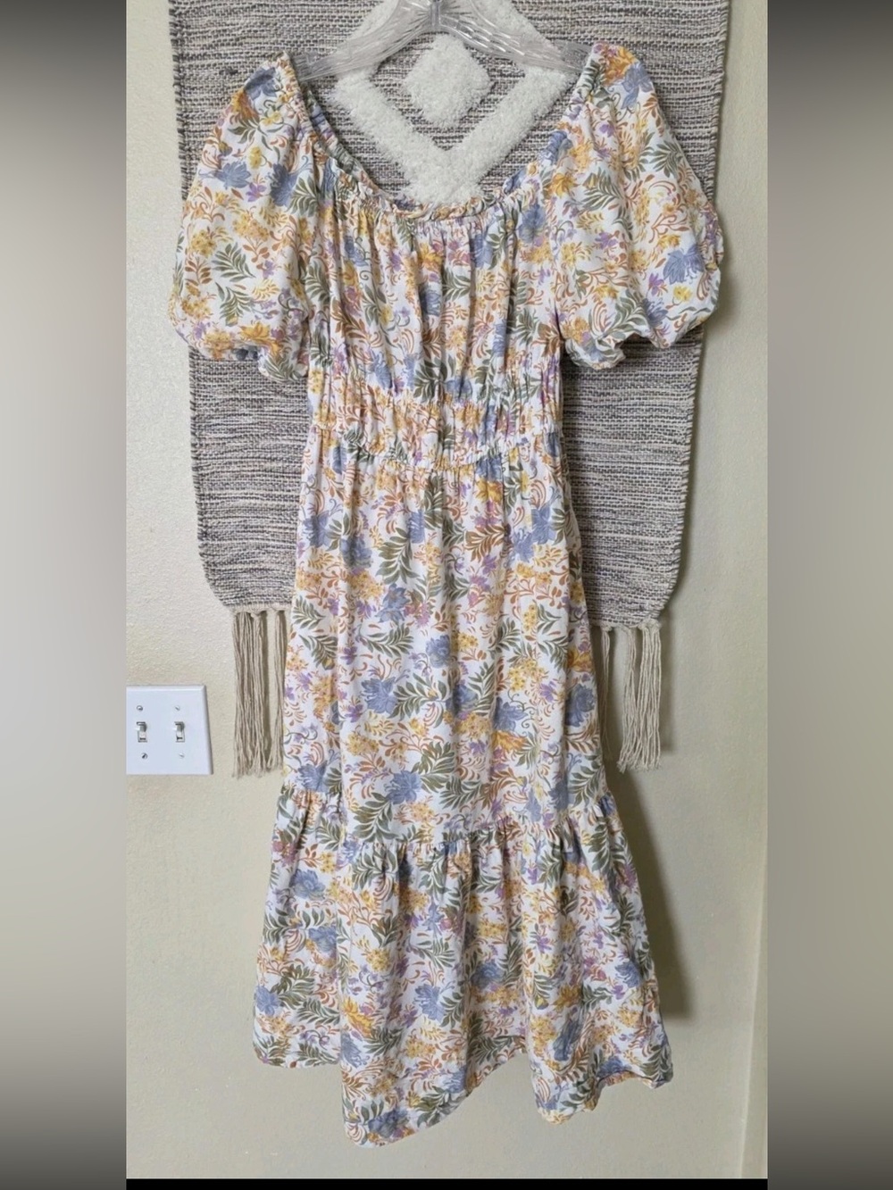 Japna Floral Peasant Midi Dress Puff Sleeve Smocked Waist Cottagecore Sz S